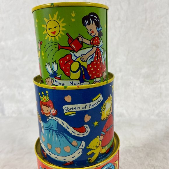 Rare Vintage Chad valley WEE-Kin Baby Toy Stacking Tins Nursery Rhymes set of 4 - Picture 5 of 16